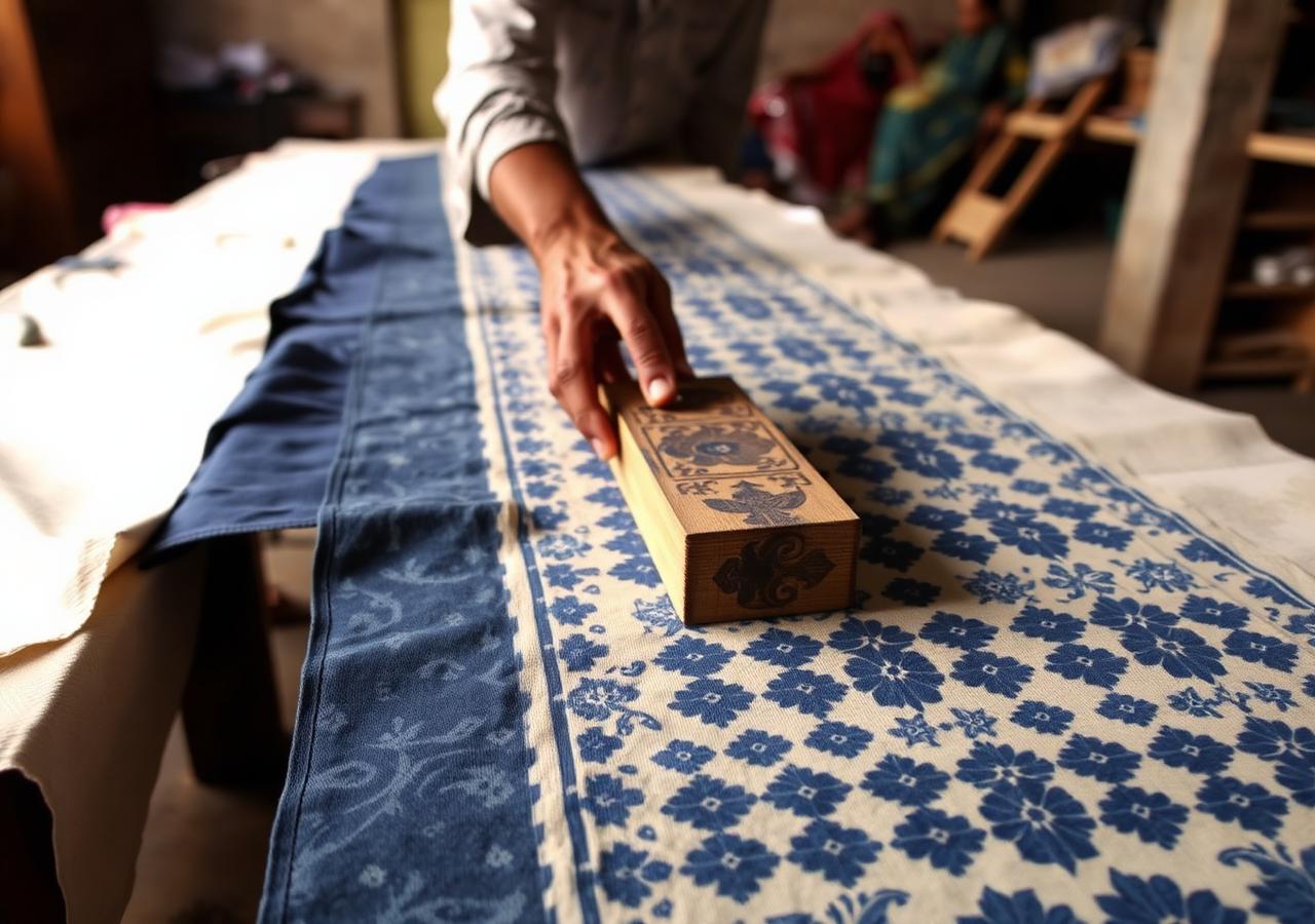 Sindhi artisan block-printing ajrak fabric with indigo dye