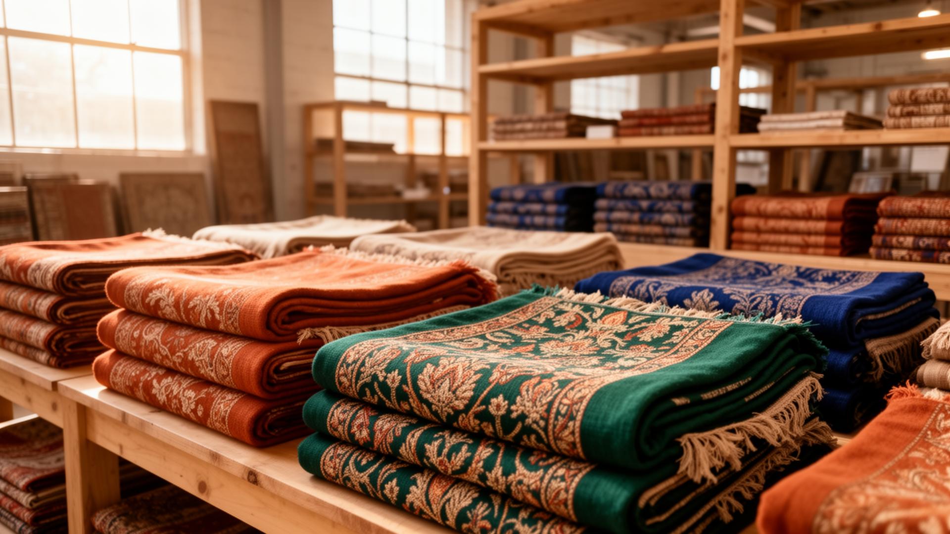 Folded handwoven Pakistani textiles stacked on wooden shelves in the Guthrie, Oklahoma warehouse