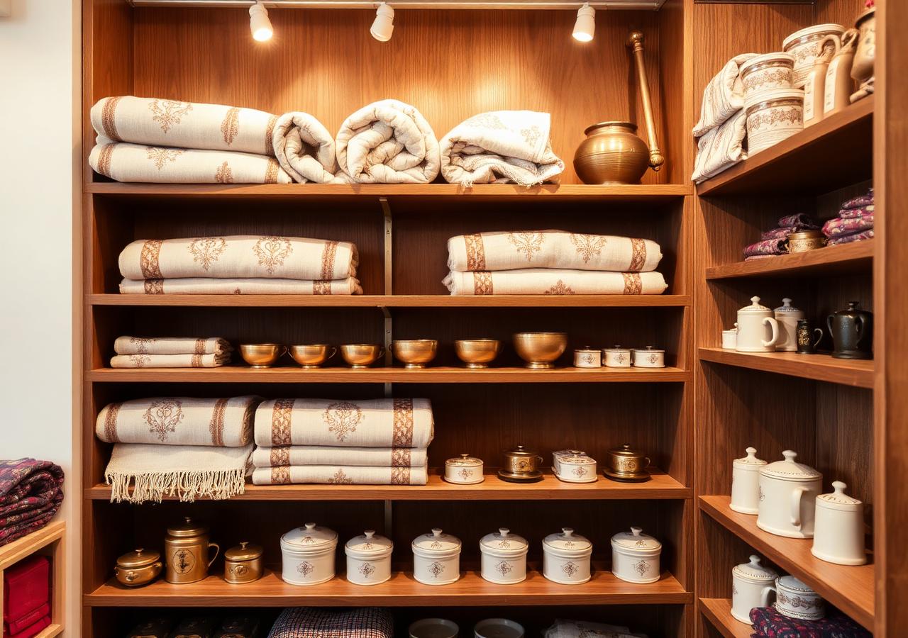 Boutique with shelves of textiles and brass