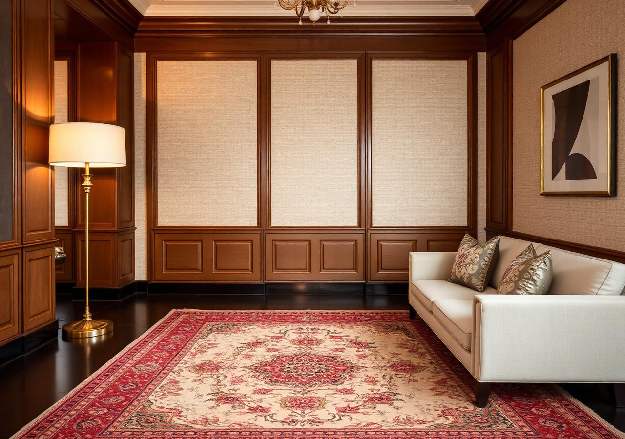 Hotel lobby with Pakistani rug and brass lamp